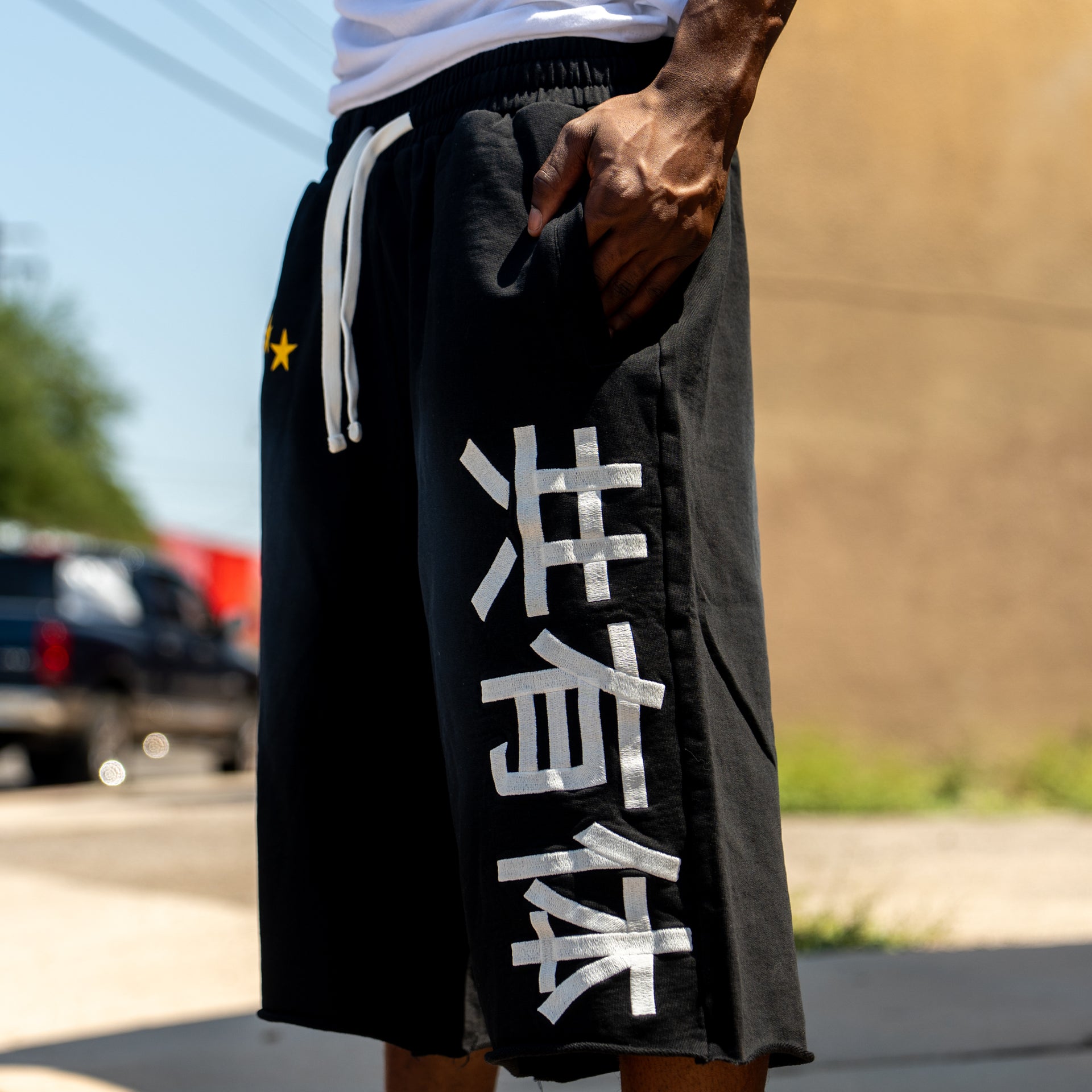 Black Hello Japan Collective Embroidery 3/4 Shorts