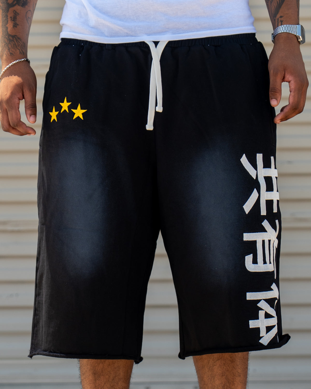 Black Hello Japan Collective Embroidery 3/4 Shorts