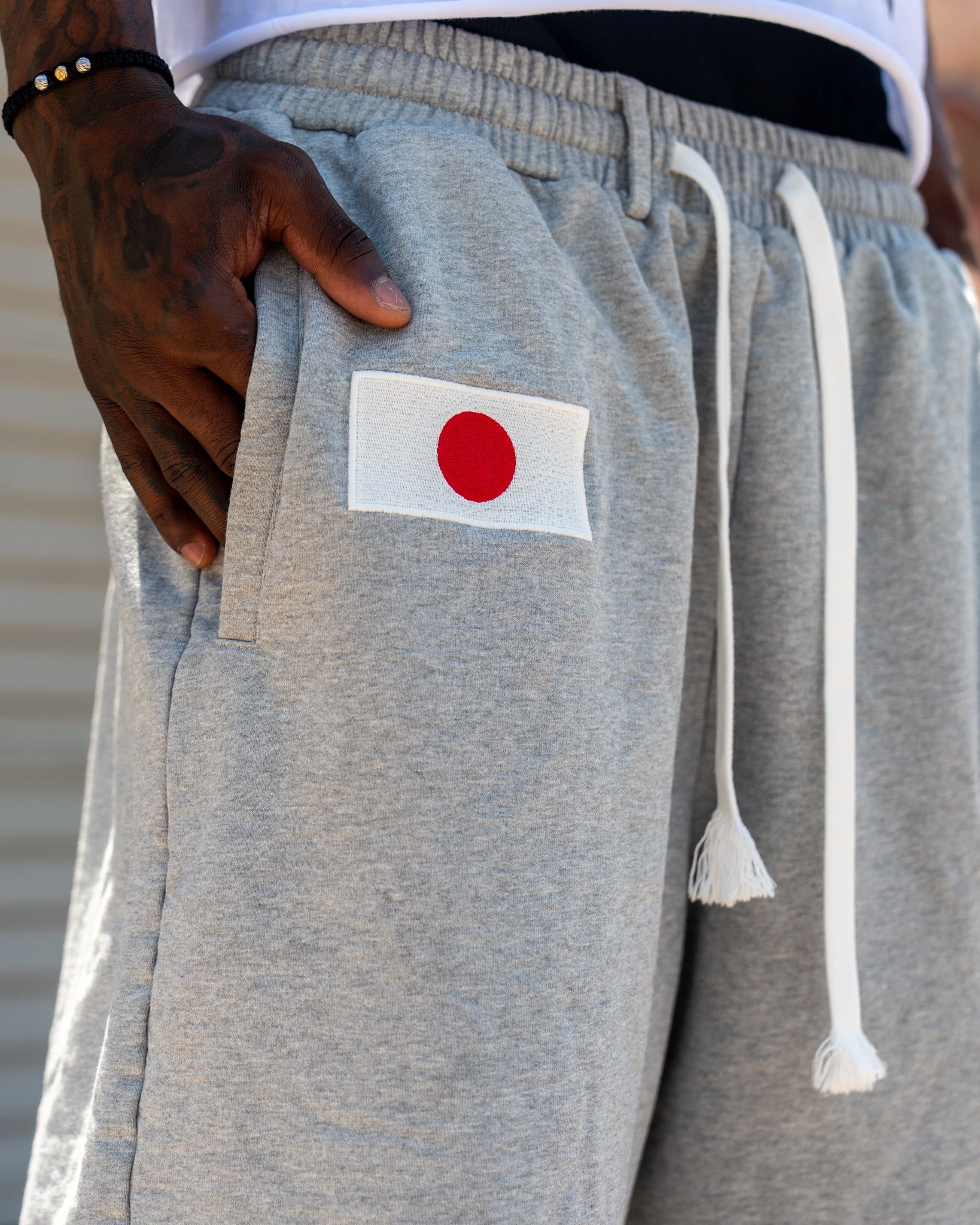 Grey Hello Japan Collective Embroidery 3/4 Shorts
