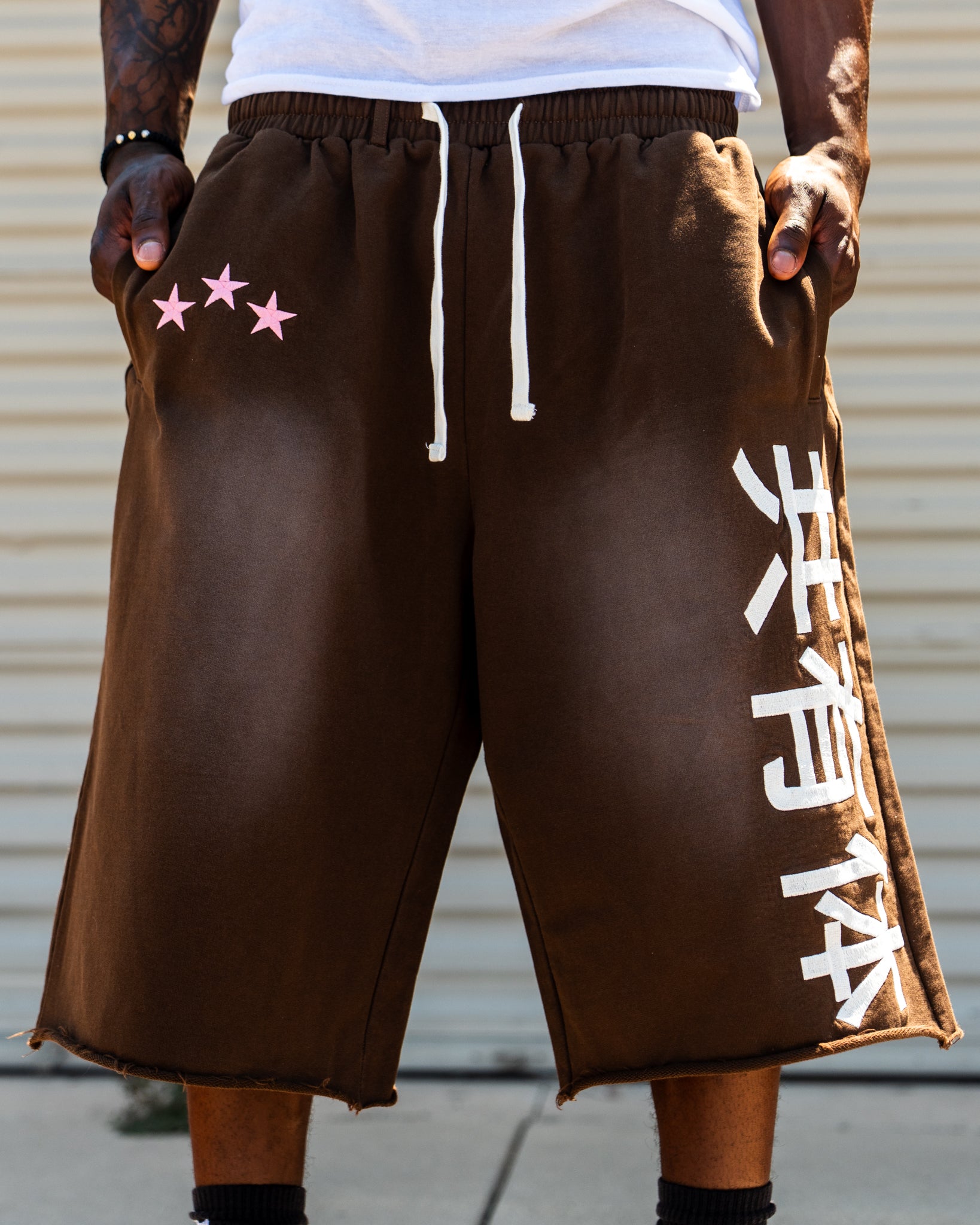 Brown Hello Japan Collective Embroidery 3/4 Shorts