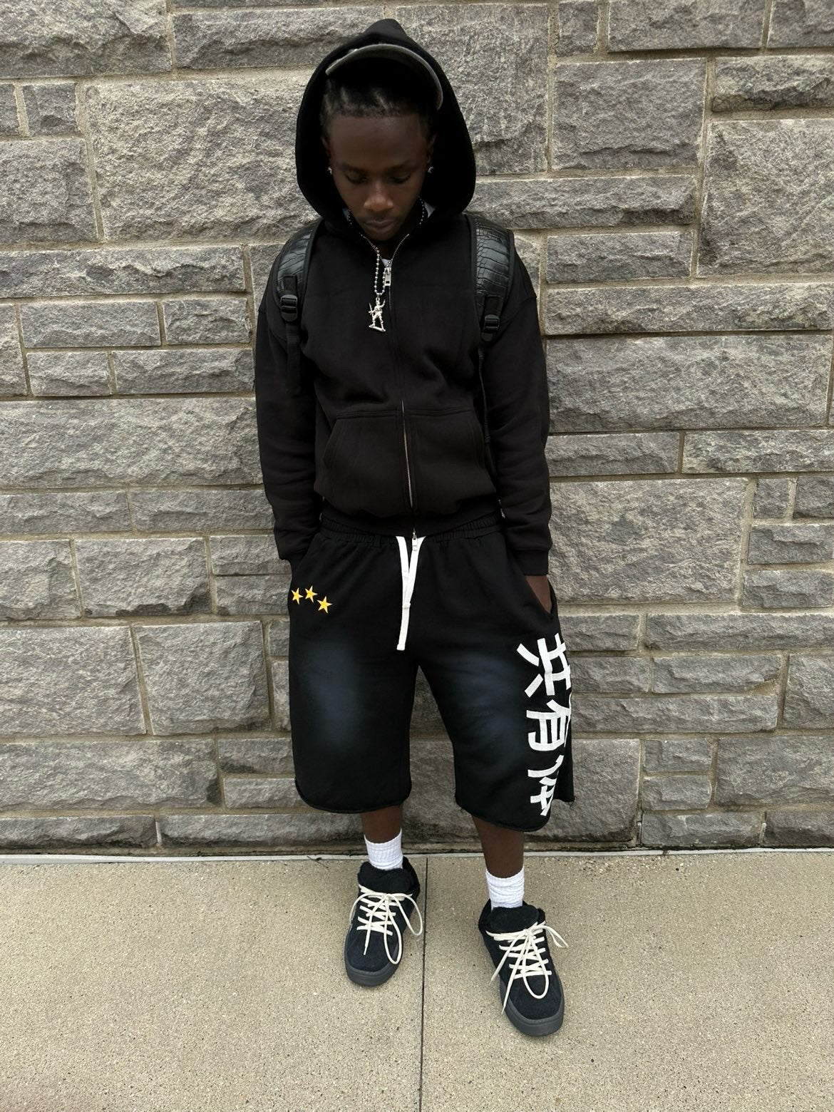 Black Hello Japan Collective Embroidery 3/4 Shorts